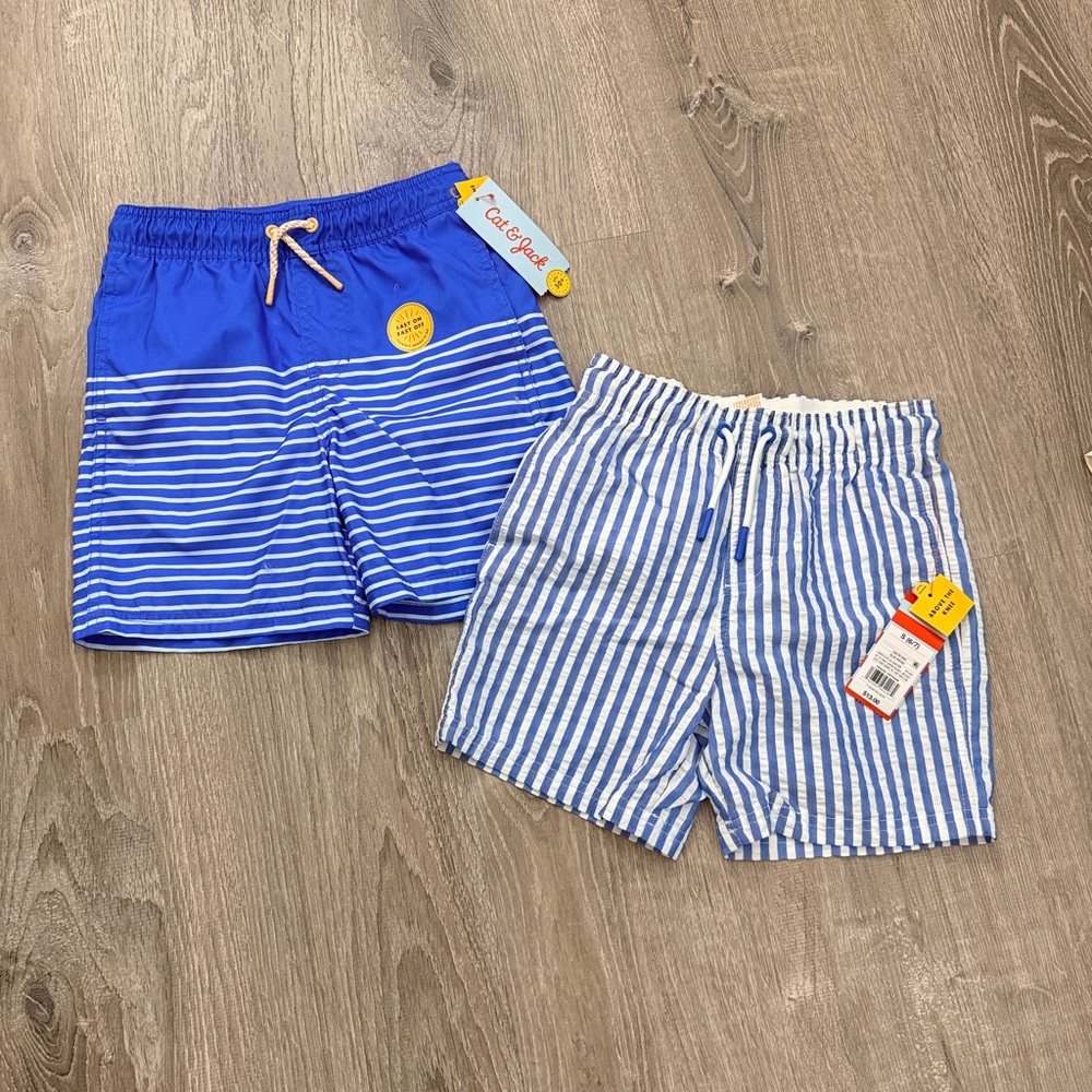 Cat & Jack Blue and White Striped Boys Swim Shorts Set of 2 NWT